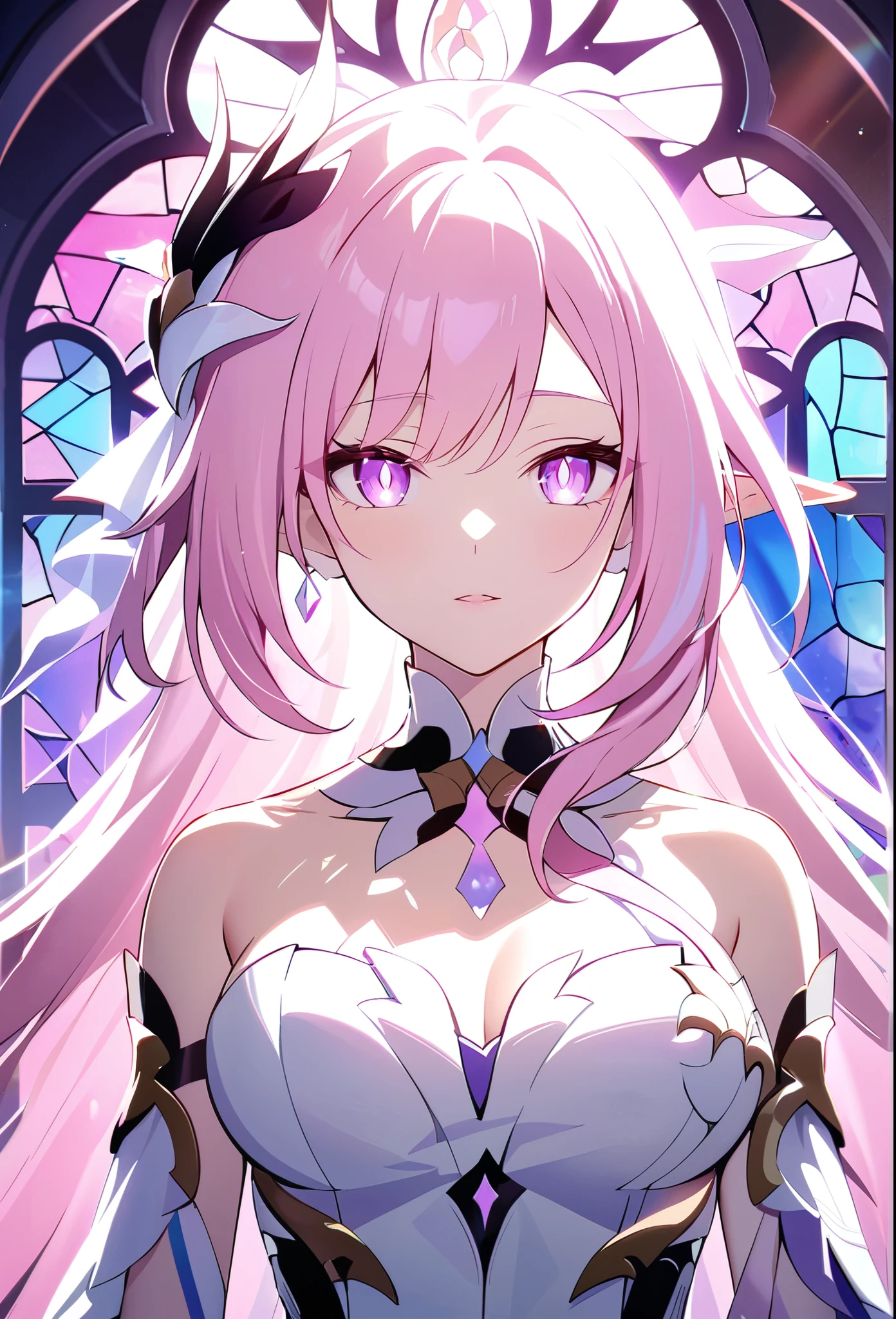 ((Shattered stained glass portrait)),very aesthetic,1girl,elysia_/(herrscher_of_human:ego/)_/(honkai_impact/),gracefully breaking through stained glass,pointed_ears,pink_hair,dreamy anime fantasy,wearing simple plain white WRAP gown,very long hair,ultra-detailed,body details,delicate,soft color palette,elegant,effects of light and shadow,holy and divine,peaceful,serene,soft sunlight filtering through colored glass,MUTLICOLOR IRIDESCENT STAINED GLASS BACKGROUND,impeccable,transcendent beauty,awe-inspiring artwork,anime art style,perfect breasts,pale purple eyes with pink slit pupils,mature adult woman,holy mother,(realistic:.25),watercolor,narrow waist, slender shoulders,feminine beauty,raytracing,light purple eyes,dsmile,celestial,intricate,long eyelashes,goddess,(best quality,4k,8k,highres,masterpiece:1.2),mihoyo,full body