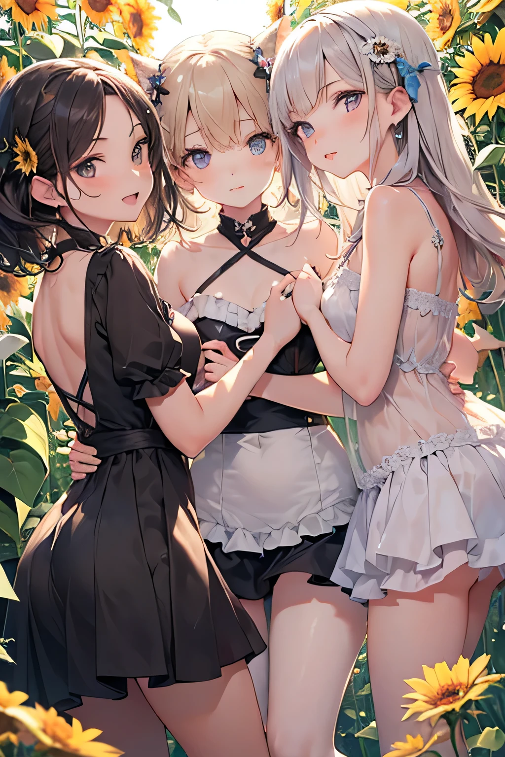 Very detailed, highest quality, High resolution, Moe Anime, ((4 cute girls with black hair and droopy eyes)), Blue Eyes, Big eyes, tareme, View your viewers, Pale skin, Focus on the face, In the park with cherry blossoms falling, ((The upper half of the body is a see-through maid outfit, the lower half is naked)), ((nsfw)), ((Very short hairstyle:1.5)), (Slightly below:1.2), (arms behind back:1.4), ((Flat Chest:1.4))