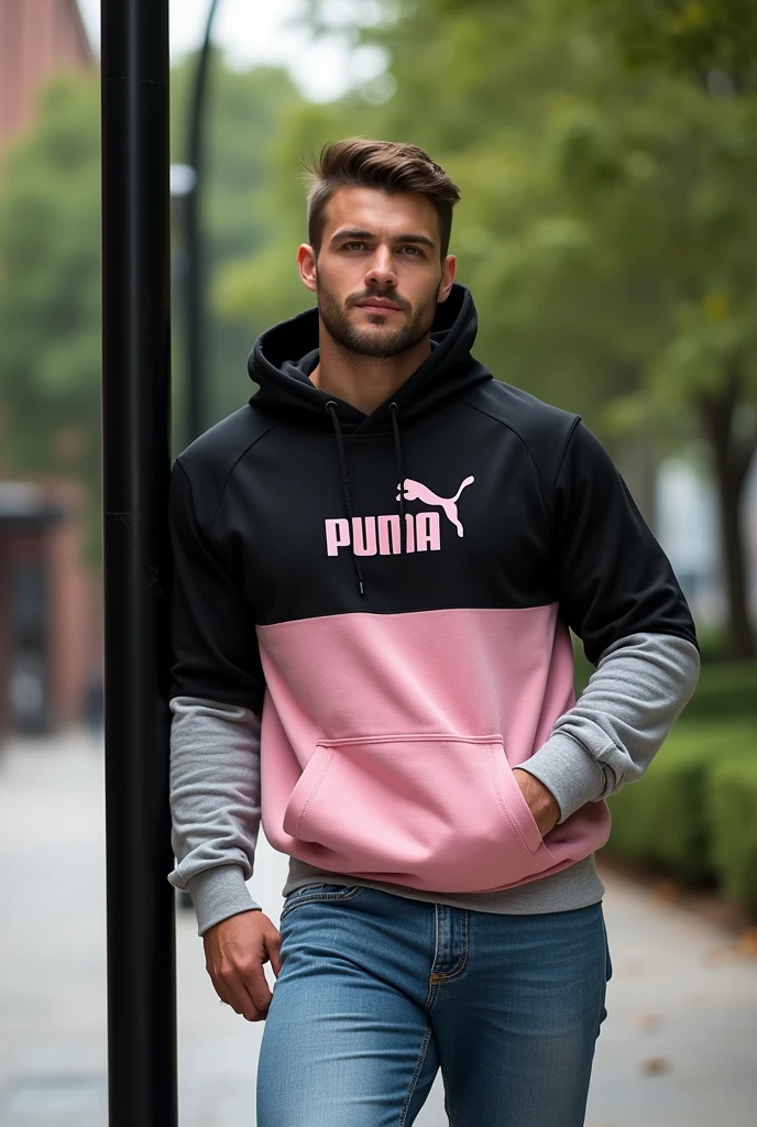 Handsome and muscular man, big chest, strong and muscular legs big bulge, jeans , big crotch bulge, Puma brand sports hoodie two-tone black and pink and gray fashion with beautiful park, Masterpiece close up leaning on a very handsome black pole spectacular in the city , (((30 years old, husky , close up)))