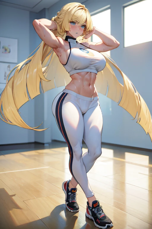 photo of brands \(pokemon \) with blonde hair and blue eyes and big breasts and a huge ass and wearing gym clothes doing the monkey pose in a gym with soft lighting, (muscular with abs), (light skin), (sweating) ,(beautiful landscape),(perfect face), masterpiece, Blush, 1 , Alone, behind, looking forward