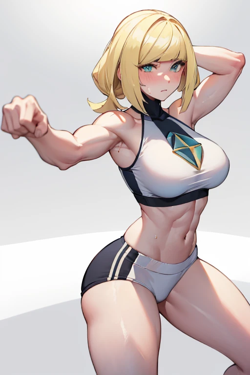 photo of brands \(pokemon \) with blonde hair and blue eyes and big breasts and a huge ass and wearing gym clothes doing the monkey pose in a gym with soft lighting, (muscular with abs), (light skin), (sweating) ,(beautiful landscape),(perfect face), masterpiece, Blush, 1 , Alone, behind, looking forward