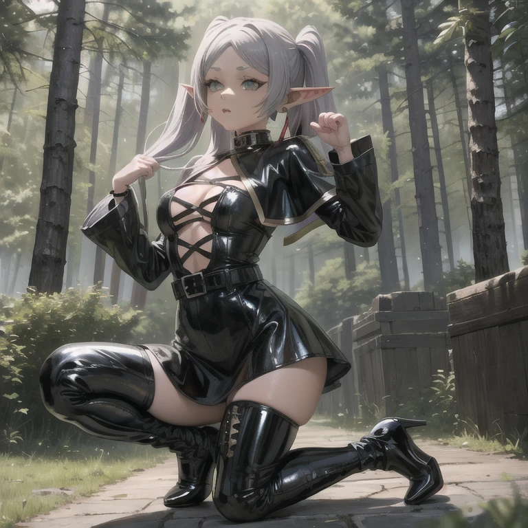 Young woman, dressed in military equipment, surrounded by swamps, her legs stretched outward, her hands stroking her chest, her clothes were wet, her body was covered with scaly wounds, there were many bugs on her body, her panties were exposed, some tentacles fixed her thighs, two tentacles were scratching her chest, her arms were tied up, and there was a lot of white liquid on her mouth with a tentacle in her mouth, her expression was very enjoyable, and she sweated a lot