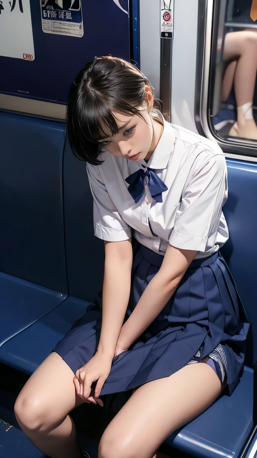 ((Best Quality, 8K, masutepiece:1.3, 1 girl, Beautiful Girl)), Cute, Dynamism, Detailed face, Detailed skin, Detailed eyes, Detailed lips, Detailed fingers, Detailed mouth, detailed tooth, Detailed tongue, Round eyes, Photorealistic, Raw photo, Natural light, Round buttocks, toned legs, (closed eyes, school uniform, white shirt, tie), top knot, bangs, white hair, napping, in the train, spreading legs, sweaty, Japanese girl, ((masturbation))