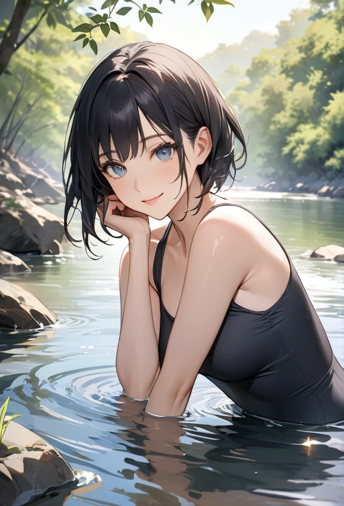Girl Open-air bath No panties Smile Hairstyle, short, forehead, small, sagging eyes, undressing, lying down