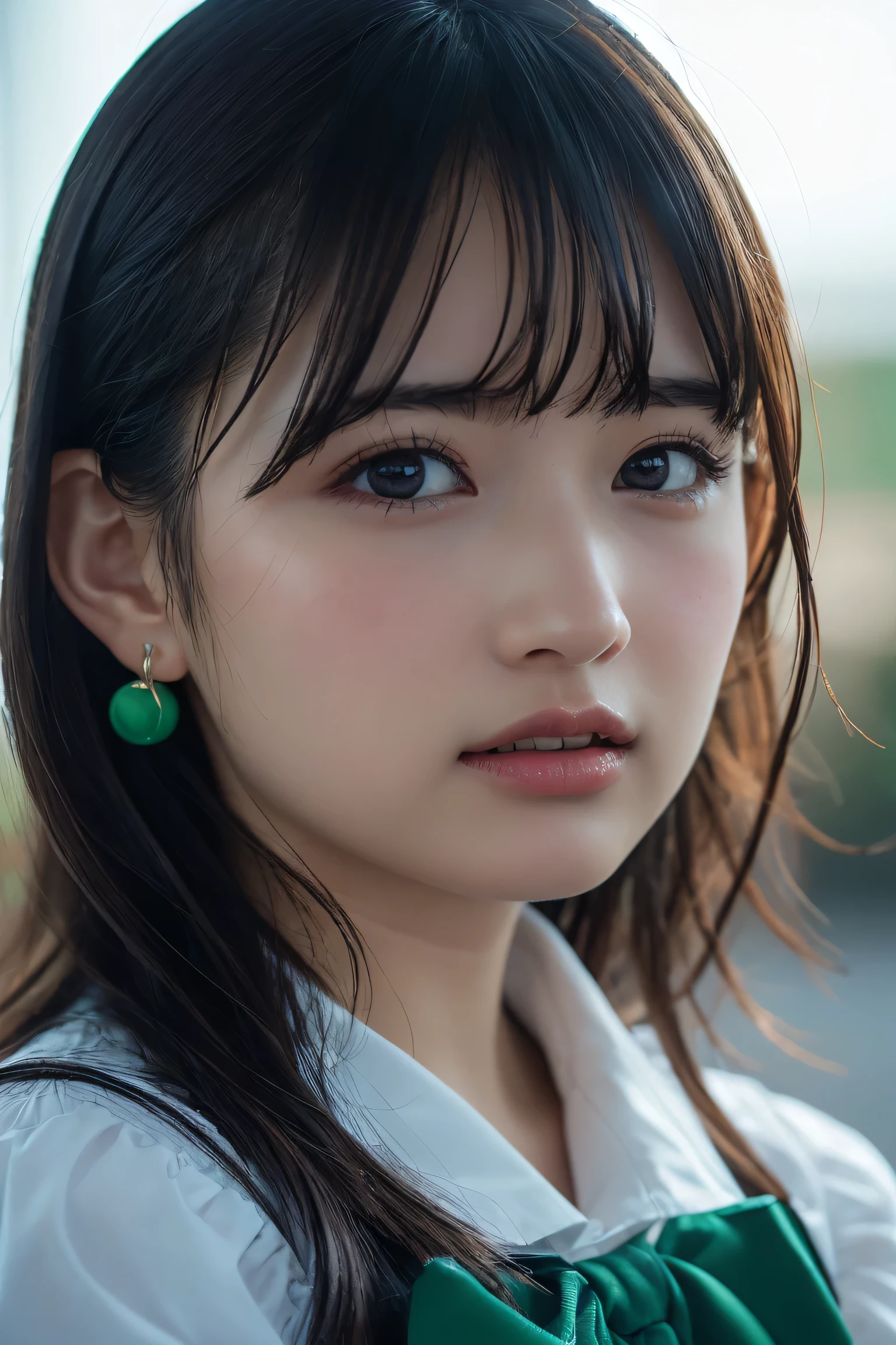 Masterpiece、highest quality、8K，Ultra-high resolution、RAW Photos、UHD、日本people、beautiful girl、１people、woman, (Flower Hair Ornaments,Braided top knot,Twisted Side Part Ponytail Braided Headband,Half Up、Braided Space Van,Voluminous fishtail braid,Twisted pan),(Asymmetrical bangs)、 (Ultra Realistic),round face、 Fine and beautiful eyes, Lifted eyes、Big eyes、(Blue right eye and green left eye:1.6)、double eyelid、Thin eyebrows、Red around the eyes、Dolly Makeup、Thin lips, (Loose-fitting see-through blouse(beige color))、(Knitted micro mini skirt(Navy Blue)), A kind smile,  Professional photography, Cinematic Light, (Very beautiful face: 1.2),(Large Breasts:1.4)、Cleavage、Voluptuous thighs、Pictured from head to knee