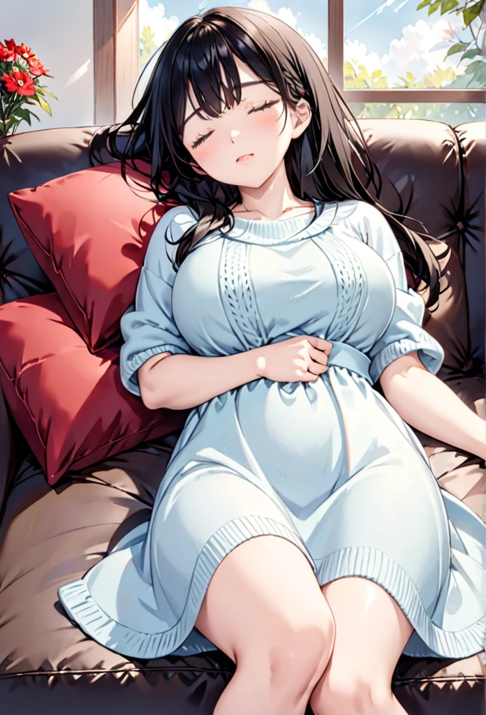 (dark madder red blouse,sleeveless,arms-baring:1.3),(lying on bed,missionary position),(thick arms:1.2),sweaty,single mole on cheek,black hair,voluminous hair,unkempt hair,plump body,tall woman, (blushed and suffering:1.2),27 years old,(fair skin:1.3),(cute eyes,tareme),plump oval face,light makeup,