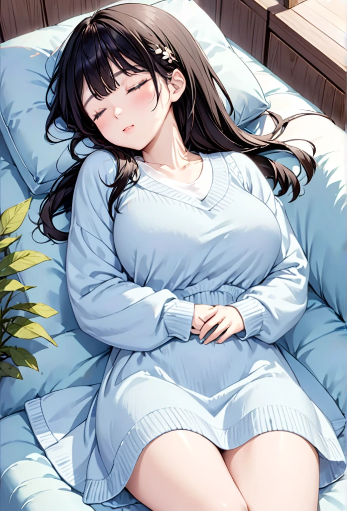 A sleeping girl 1.60 meters of dark blue hair, tight blue pajamas and very large breasts and on top of her breasts a 19-year-old boy with brown hair and green eyes wearing a brown suit 