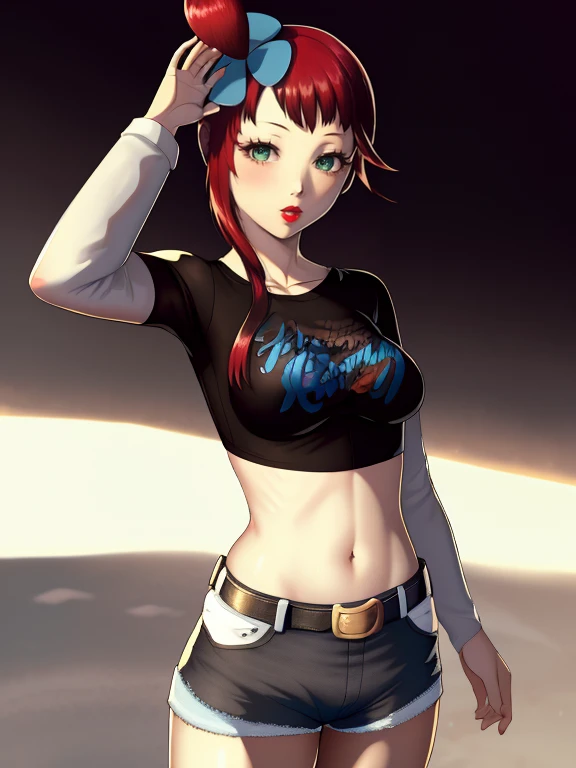 Red hair,skyla,glossy lips, earings ,1girl, solo, standing, black t-shirt, white shirt, blue jeans, belt, lipstick, large breasts, layered sleeves
