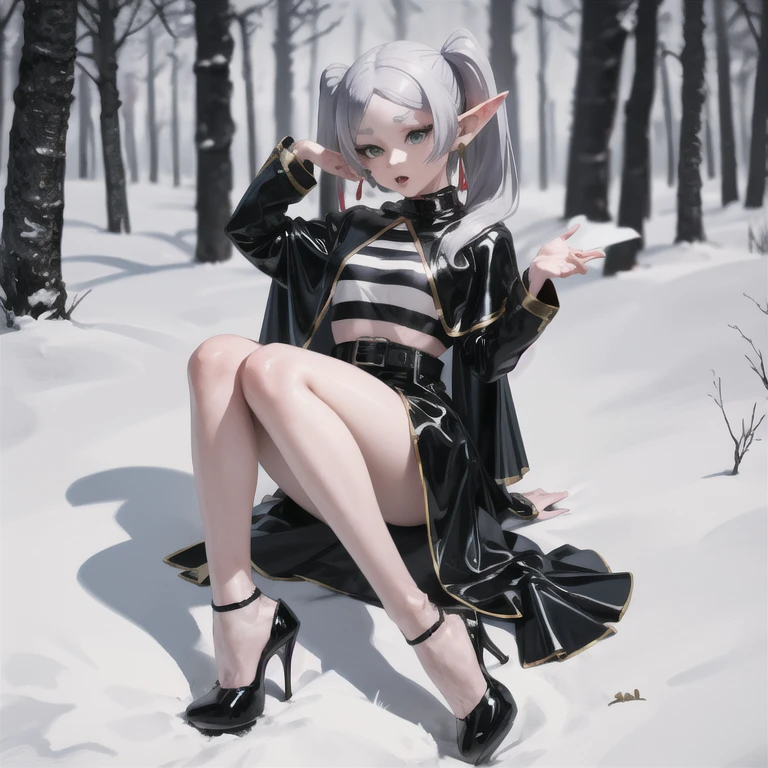 masterpiece, best quality, absurdity, 1 girl, One, FreezeBase, Long hair, twintails \n\t\r, earrings, black latex cape, latex shirthorizontal stripes, with long sleeves, belt, black latex short skirtgold trim,stiletto heels, hands behind backoutdoors, the forest, 