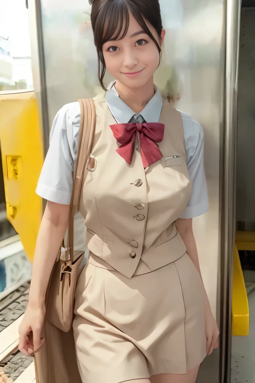 (masterpiece:1.2, Best Quality:1.2), 32K HDR, High resolution, (Alone、1 girl)、(On the roof of a building during the day、Professional Lighting)、Building rooftop background、(Real style of JR Woman wearing train crew uniform beige)、((JR Female Train Crew Uniform Beige Light Blue Blouse Short Sleeve 、 Knee-length culottes skirt、Beige vest、scarf))、Dark brown hair、(Long Hair、Hair tied up、Hair tied up)、Dark brown hair、Long Shot、Big Breasts、Thin legs、((Great hands:2.0)),((Harmonious body proportions:1.5)),((Normal limbs:2.0)),((Normal finger:2.0)),((Delicate eyes:2.0)),((Normal eyes:2.0)))、smile、(JR Woman Train crew uniform beigeのKnee-length culottes skirtを見せた美しい立ち姿)、Hands down