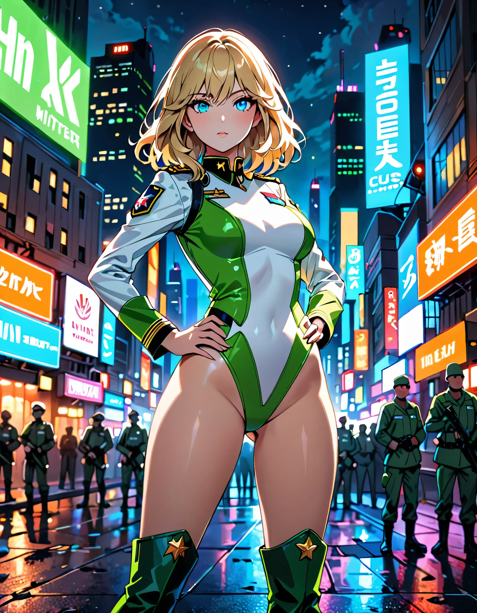 best quality, masterpiece, highres, solo, solo focus, 1lady, semi-realistic, dynamic heroic pose, standing straight, blonde hair, blue eyes, beautiful detailed eyes, beautiful detailed face, perfect hands, sexy us military officer, dressed in a green and white leotard, city backdrop, neon edge lighting, highly detailed, professional, bare legs, matching boots, ankle-high boots, full body shot, hands on hip, medium hair, hair down, nighttime.