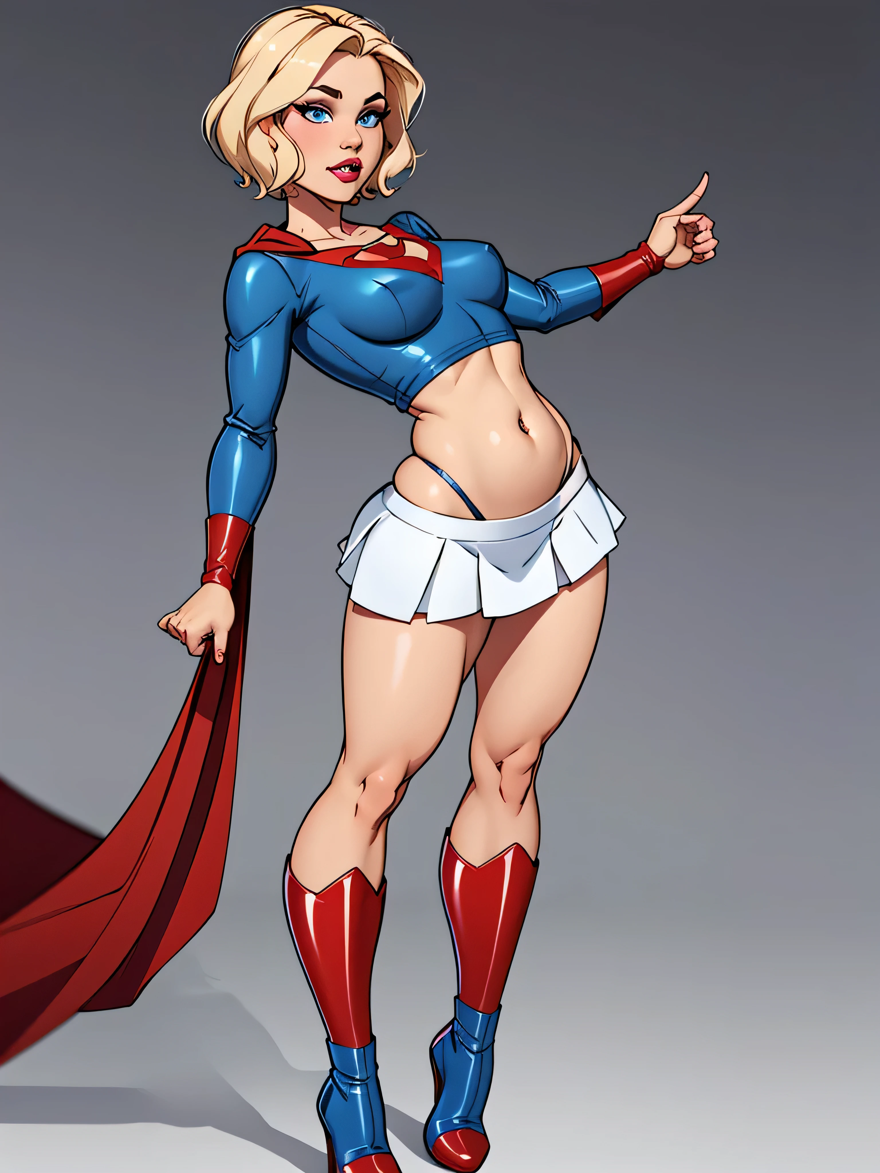 blonde with short hair, blue eyes, wearing a light blue long sleeved latex shirt showing her belly, wearing a short white skirt and a short red cape and red boots