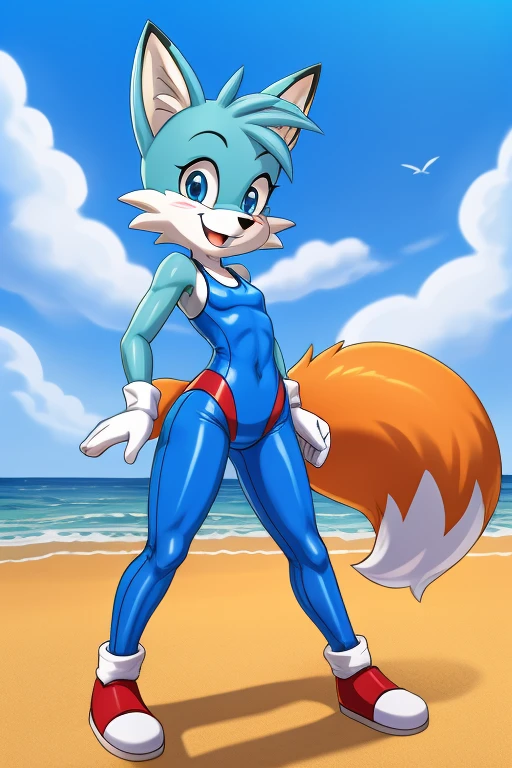 Fox cartoon skinny slim in blue lycra swimsuit on beach with happy face