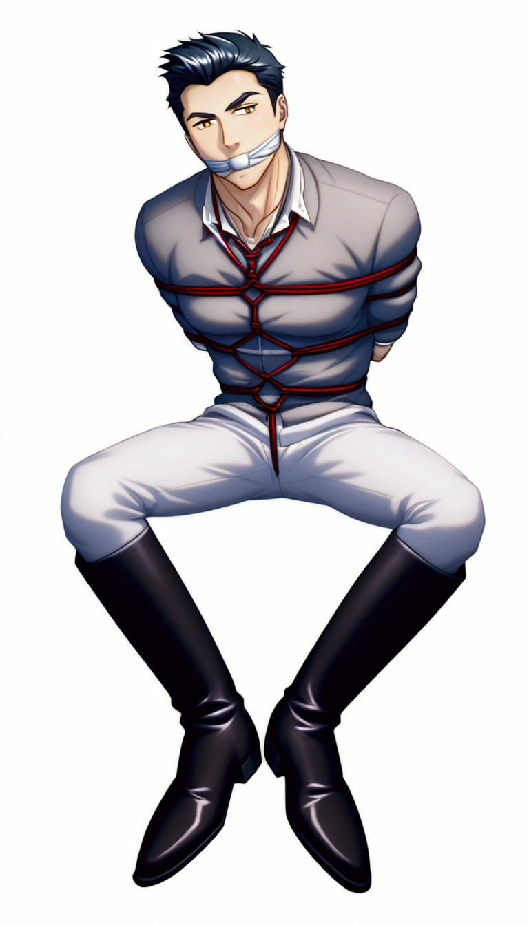 Handsome young man in a white pants and tall black Knee-high riding boots,naked upper body,naked upper， Tall riding boots,Handsome Prince , Gagged with tape ,Hanging with ropes, tightly tied up by many coarse red ropes, tightly tied with so many coarse red ropes，Hands tightly tied by many red ropes behind his back，Tied with so many red coarse ropes, Gagged with tape ,Knee-high riding boots,black gloves,Rich eye details, CG Rendering, Rich facial details, cool and handsome, High degree of completion,whole body,wearing a pair of tall black riding boots, Comb-over hairstyle
