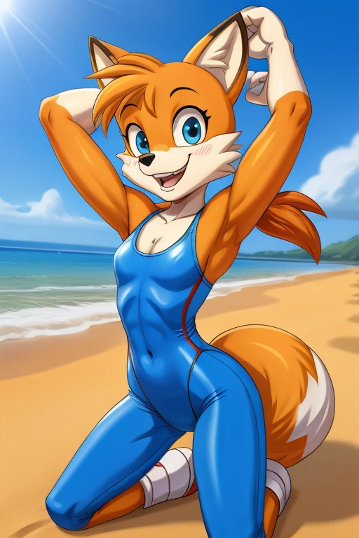 Fox cartoon skinny slim in blue lycra swimsuit on beach with happy face