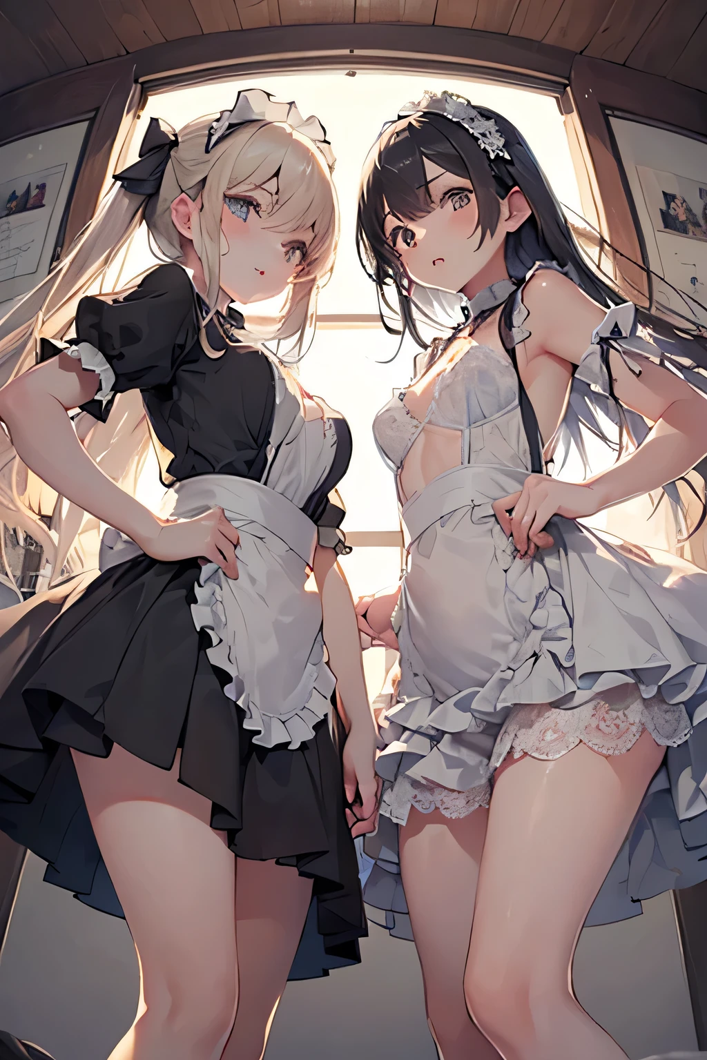 highest quality, masterpiece,((teen)), ((2 girls:1.5)), ((smile:1.3)), (blush:1.3), Black Shirt, blouse, ((fun!!)), (Small breasts), Blonde, (Long sleeve), ((White apron:1.5)), ((Maid)), ((hair ornaments)), Kamimei, look at me, ((in house:1.5)), Taking a break from watching the audience, Cowboy Shot, (skirtlift:1.3), (Pink striped panties:1.3), (skirt that rolls up:1.3), (Panties fully exposed:1.5), Light blue eyes, long hair, Glowing Eyes