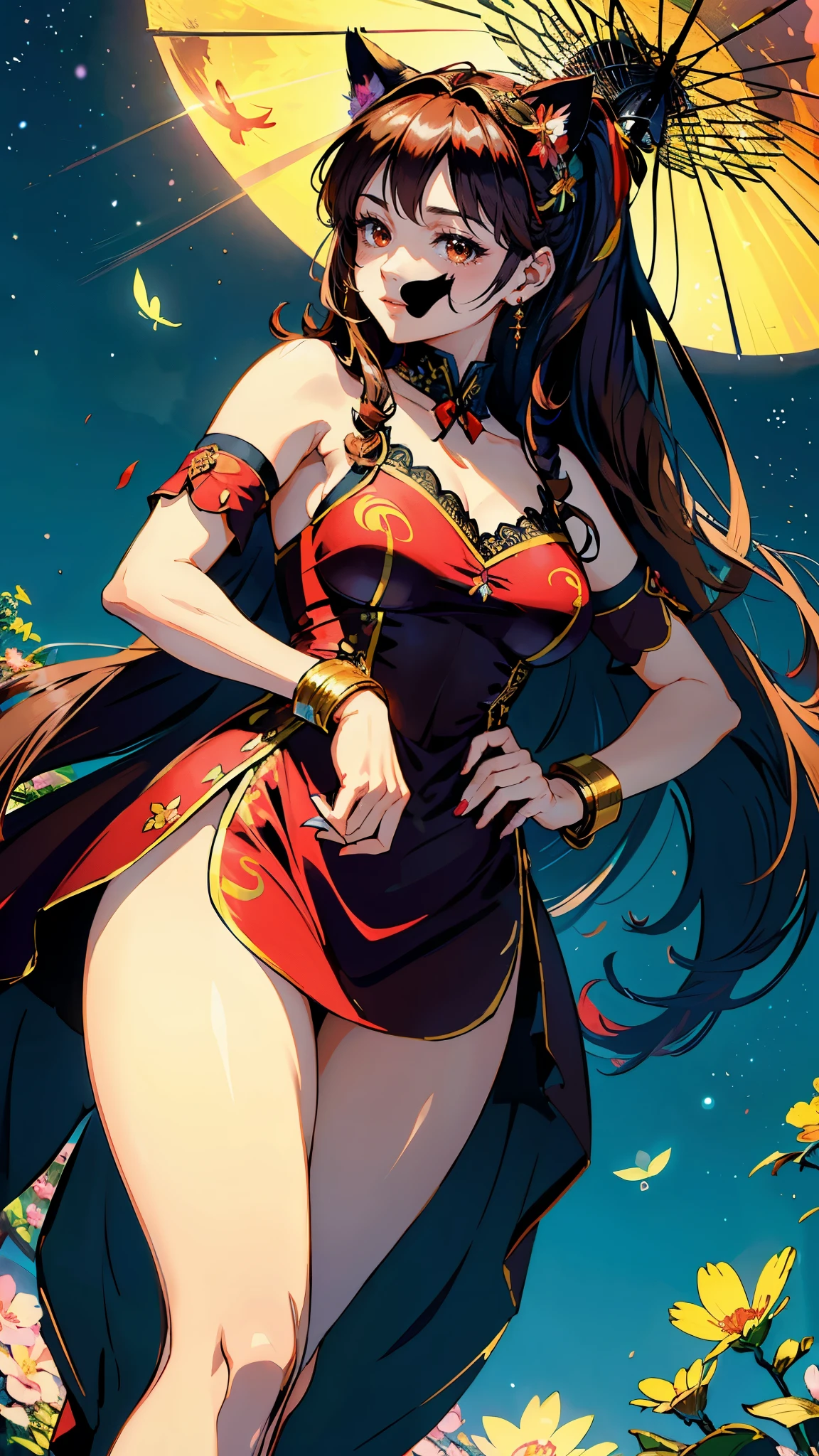 (highest quality, masterpiece, High resolution)、(anime art)、bright light、brown eyes、(Cat ear)、long hair、hair ornaments、choker、Cute face details、enchanting smile、small breasts、whole body、((sakura tropical background))、 red gold black dress outfit,  red gold black outfits(best quality,4k,8k,highres,masterpiece:1.2),ultra-detailed,(realistic,photorealistic,photo-realistic:1.37),acrylic painting,beautiful Indonesian model in a red ta pants with downy hair,beautiful Indonesian model with extremely colorful hair and detailed facial features,beautiful Indonesian model standing in a beautiful garden surrounded by a starry sky,beautiful Indonesian model wearing a vibrant Loliress,beautiful Indonesian model with intricate accessories,beautiful Indonesian model posing gracefully,beautiful Indonesian model with long flowing long hair,beautiful bright brown eyes and rosy lips,beautiful Indonesian model with a joyful expression,beautiful Indonesian model in a dynamic pose with cherry blossoms falling around her,beautiful Indonesian model surrounded by colorful flowers and butterflies,beautiful Indonesian model's dress adorned with cute bows and lace details,beautiful Indonesian model with an enchanting smile,beautiful Indonesian model with soft, pastel-colored shading,beautiful Indonesian model with a magical glow illuminating her,beautiful Indonesian model in a picturesque setting with a winding path leading to a magnificent castle,beautiful Indonesian model with a fairytale-like background,beautiful Indonesian model with a soft, dreamy atmosphere,beautiful Indonesian model with a subtle bokeh effect,beautiful Indonesian model standing under a moonlit sky,beautiful Indonesian model with a warm, golden sunset in the background,beautiful Indonesian model surrounded by twinkling stars and colorful nebulae,creating an ethereal and captivating artistic, cat ears, smiling 