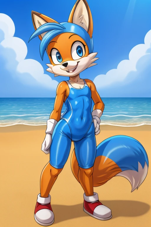 Fox cartoon skinny slim in blue lycra swimsuit on beach with happy face