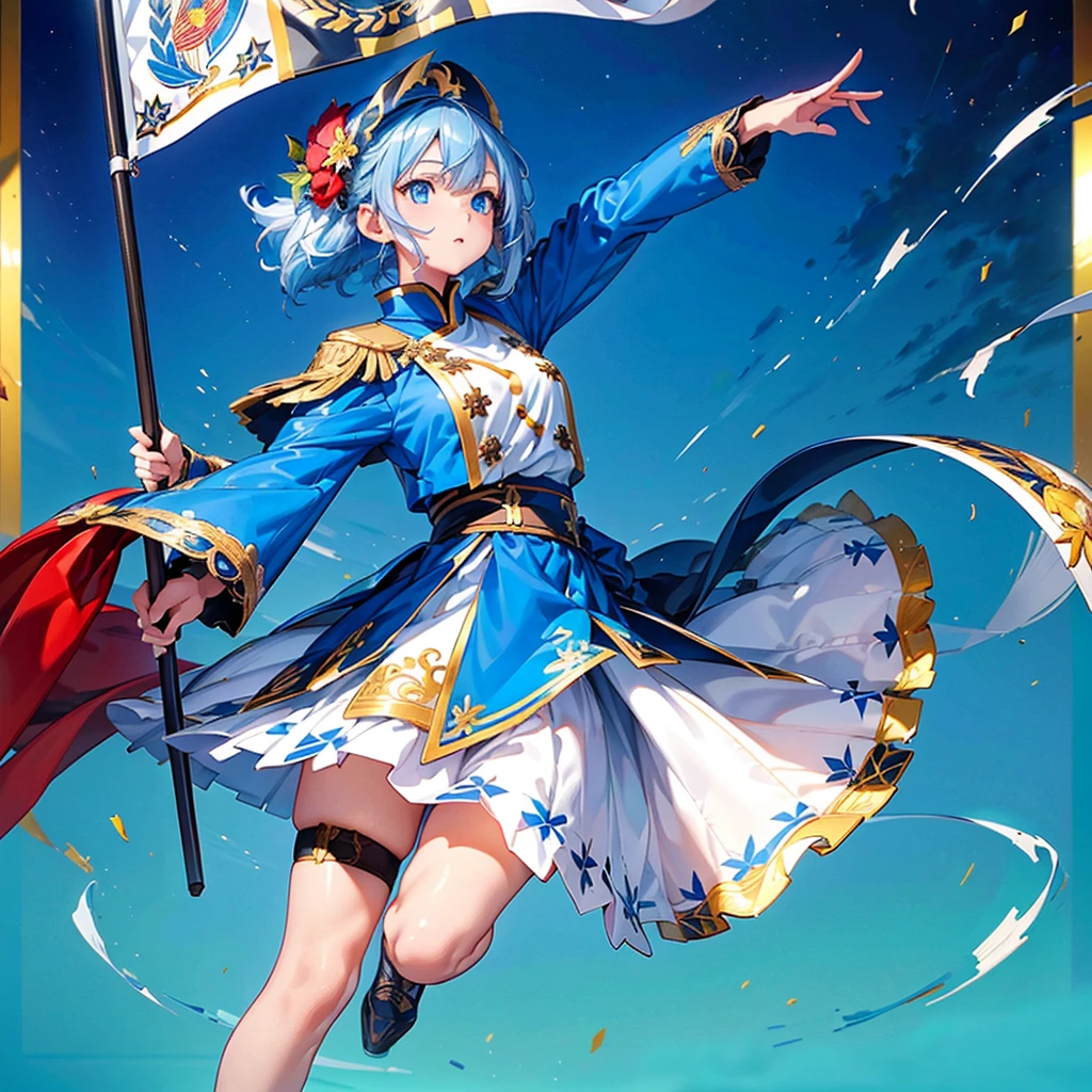 One Girl、moving composition、Marching Band、(((masterpiece、Best Quality、Official Art、Very detailed、Handsome face、moving composition)))、Anime Style、(Milky white and blue hair:1.3),(blue eyes:1.4),(Bright colors:1.4),((麻の葉background:1.3)),, Marching Bandのユニフォーム, Marching Bandの帽子、mini skirt, Frills, Two hands holding a black and white gold embroidered flag,（background:Large red flag and gold flower embroidery on the back, Note, )、Giant Flag、旗をbackgroundにかっこいい構図