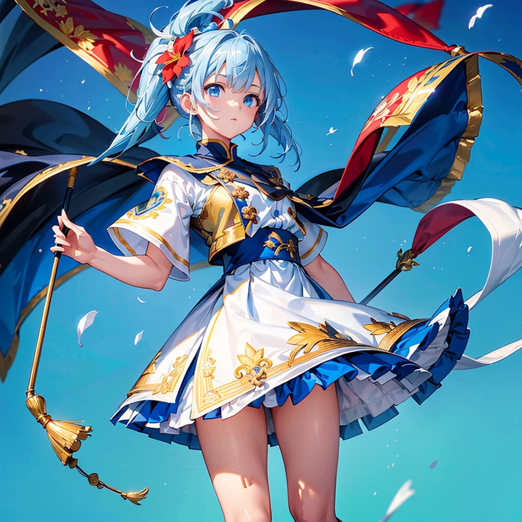 One Girl、moving composition、Marching Band、(((masterpiece、Best Quality、Official Art、Very detailed、Handsome face、moving composition)))、Anime Style、(Milky white and blue hair:1.3),(blue eyes:1.4),(Bright colors:1.4),((麻の葉background:1.3)),, Marching Bandのユニフォーム, Marching Bandの帽子、mini skirt, Frills, Two hands holding a black and white gold embroidered flag,（background:Large red flag and gold flower embroidery on the back, Note, )、Giant Flag、旗をbackgroundにかっこいい構図