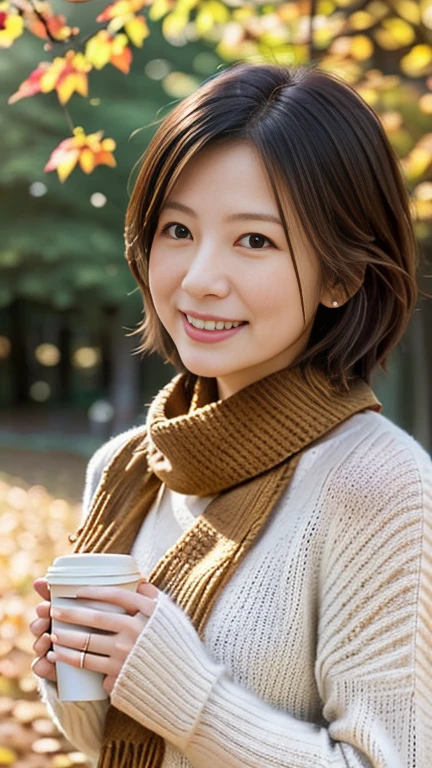 (Best Quality,4K,8k,High resolution,masterpiece:1.2),Very detailed,(Realistic,Realistic:1.3),Beautiful Autumn Holidays,Japanese Wife、Quiet atmosphere,秋のautumn leaves,Cozy atmosphere,Warm sunshine,Golden Leaf,Fresh air,Rustic wooden bench,autumn leaves,((Earth-toned scarves,Soft sweater,Long boots)),Bob Hair、Enjoy a cup of hot coffee,The faint sound of leaves,Quiet Moments,A kind smile,,Looking at the beautiful scenery,Leaves dancing in the wind,Gentle sunlight shining into the forest, Blissful Leisure, Autumn sunlight,Serene atmosphere,,Harmony with Nature,Perfect setting,Autumn color palette,amber hues,Subtle orange and yellow,Red and brown accents,Calm expression,Rich Nature,Vibrant colors,Soft Shadows,Autumn Light、A gentle gaze
