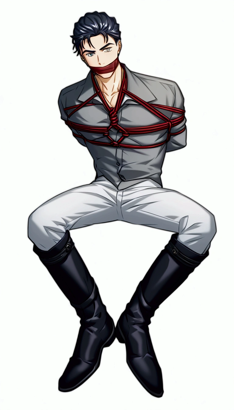 Handsome young man in a white pants and tall black Knee-high riding boots,naked upper body, naked upper，Tall riding boots,Handsome Prince , Gagged with tape ,Hanging with ropes, tightly tied up by many coarse red ropes, tightly tied with so many coarse red ropes，Hands tightly tied by many red ropes behind his back，Tied with so many red coarse ropes, Gagged with tape ,Knee-high riding boots,black gloves,Rich eye details, CG Rendering, Rich facial details, cool and handsome, High degree of completion,whole body,wearing a pair of tall black riding boots, Comb-over hairstyle
