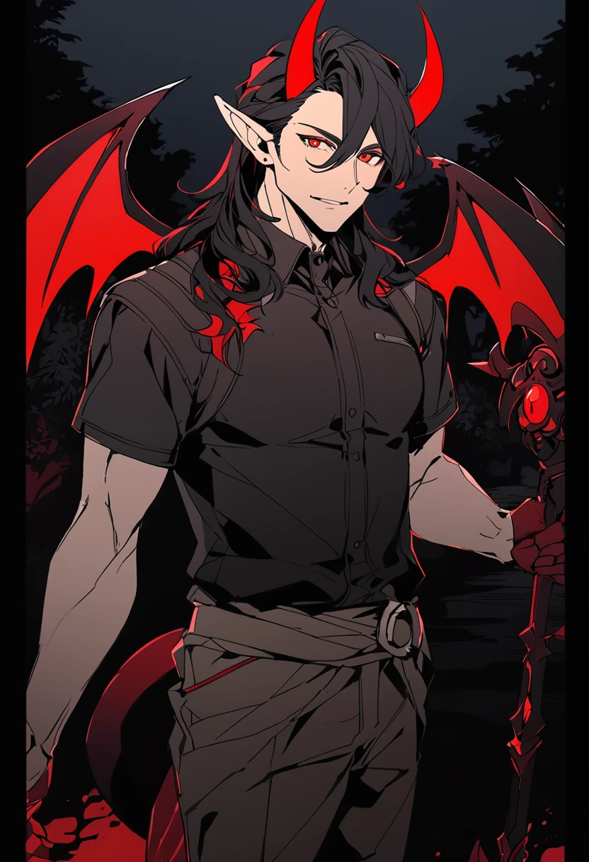 solo, ((waist-length art)), bottom, flat color, dark theme, night, 1 man, (mature man: 1.5), (friendly male face), elf_ear, mole under eye, ((( Long wavy black hair ))), detailed eyes, demonic eyes with pins, (((red eyes))), (masculine: 1.5), black fantasy clothes, demonic wings on the back, demonic tail and horns in black, looks at viewer, adult, male, cowboy shot