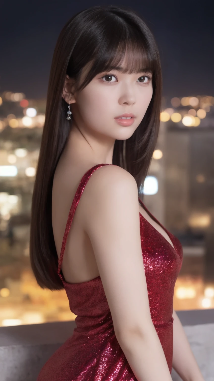 1girl,(wearing a red glittery evening mini dress:1.2),(RAW photo, best quality), (realistic, photo-realistic:1.4), masterpiece, an extremely delicate and beautiful, extremely detailed, 2k wallpaper, Amazing, finely detail, extremely detailed CG unity 8k wallpaper, ultra-detailed, highres, soft light, beautiful detailed girl, extremely detailed eyes and face, beautiful detailed nose, beautiful detailed eyes,cinematic lighting,city lights at night,slender body,(long hair with bangs), big breast, full body:1.4, sitting.