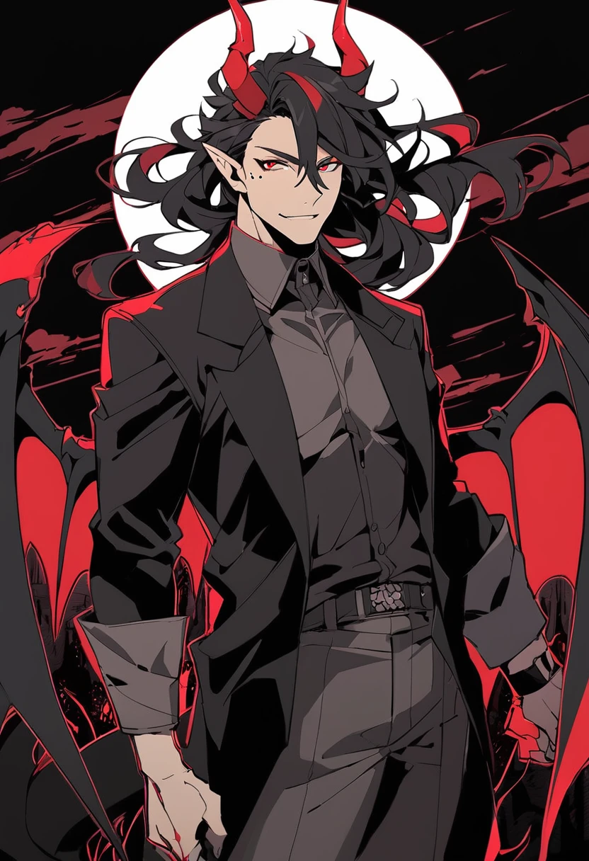 solo, ((waist-length art)), bottom, flat color, dark theme, night, 1 man, (mature man: 1.5), (friendly male face), elf_ear, mole under eye, ((( Long wavy black hair ))), detailed eyes, demonic eyes with pins, (((red eyes))), (masculine: 1.5), black fantasy clothes, demonic wings on the back, demonic tail and horns in black, looks at viewer, adult, male, cowboy shot