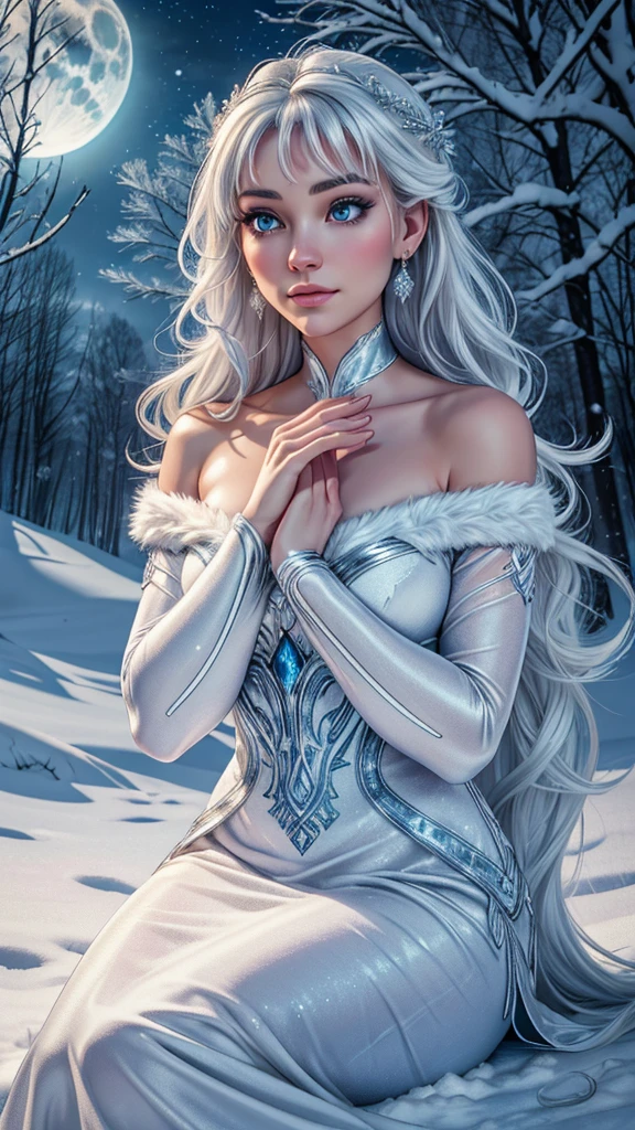 (best quality,4k,8k,highres,masterpiece:1.2),ultra-detailed,(realistic,photorealistic,photo-realistic:1.37),night,full moon,artic fox girl, silver off the shoulder princess outfit,snowy landscape,engaging eyes,wavy white fur,curious expression,majestic pose,elegantly seated,transfixing gaze,intimate connection,serene atmosphere,winter wonderland,icy cold breaths,subtle moonlight reflection,soft snowflakes falling,calming silence,wildlife beauty,ethereal scene,peaceful encounter,deep sense of awe,dreamlike ambiance,natural elegance,frozen tranquility,enchanted encounter,unique sighting,emotional depth,sublime masterpiece,immersed in nature,vivid colors,crisp details,sharp focus, luminous whites, mysterious shadows,vibrant hues,dark blue tones,subtle gradient,subdued lighting,frozen world,glowing eyes,harmony with nature, reflective mood, distinctive charm. standing, with one hand gently resting on her cheek. Her head should be slightly tilted, and her elbow can be resting on a surface or supported by her other hand. The position should create soft, delicate lines that draw attention to her face and hand.