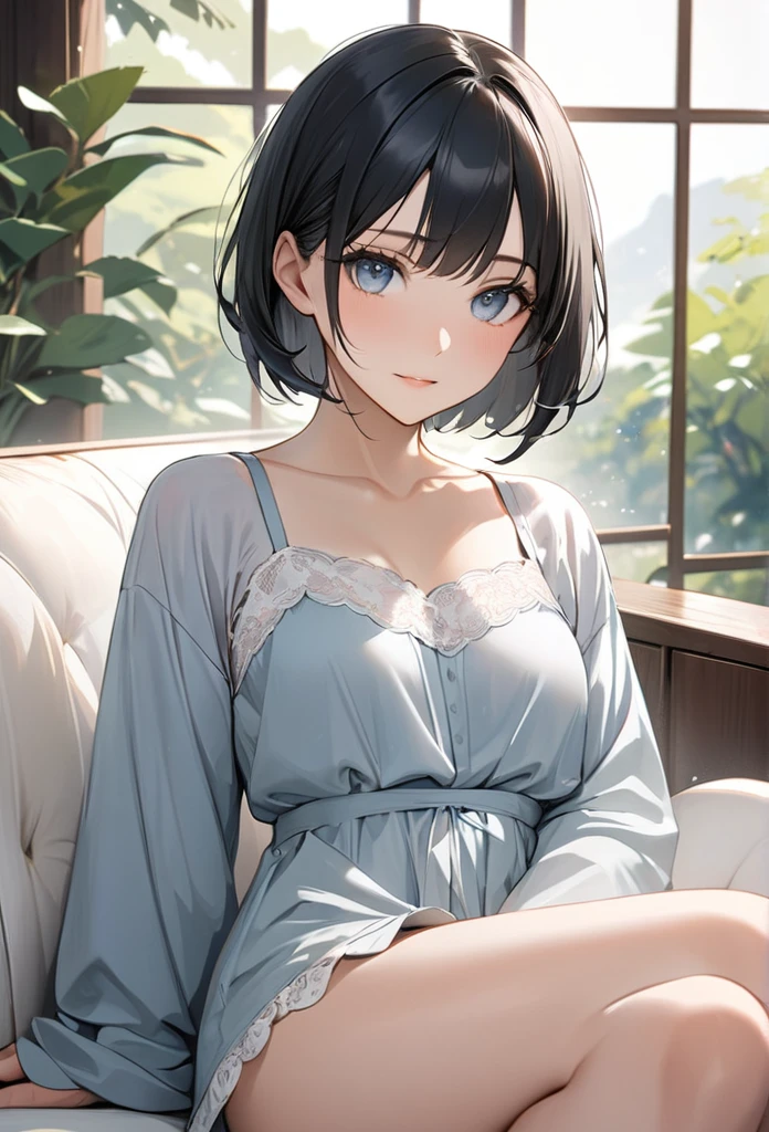 Photorealistic、Highest quality、Highest Resolution、Highest quality、16Ｋ、A beautiful woman coughing、Cute face、Delicate face、sad、Bob cut hair、Dark Hair Color、Pale blue eyes、Beautiful breasts、Inside the house、pajamas、cold、Looks painful、