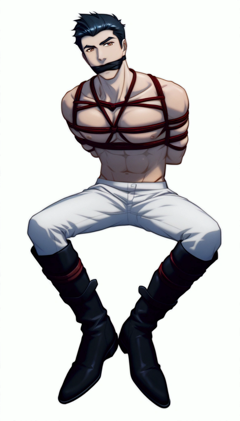 Handsome young man in a white pants and tall black Knee-high riding boots,naked upper body,naked upper， Tall riding boots,Handsome Prince , Gagged with tape ,Hanging with ropes, tightly tied up by many coarse red ropes, tightly tied with so many coarse red ropes，Hands tightly tied by many red ropes behind his back，Tied with so many red coarse ropes, Gagged with tape ,Knee-high riding boots,black gloves,Rich eye details, CG Rendering, Rich facial details, cool and handsome, High degree of completion,whole body,wearing a pair of tall black riding boots, Comb-over hairstyle
