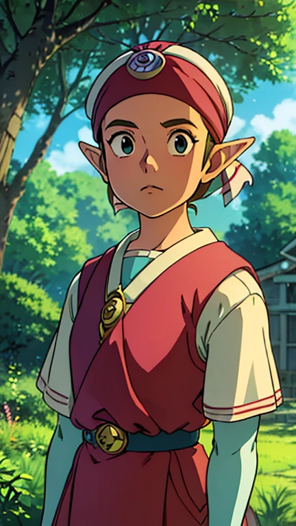 (Teens:1girl: young zelda), (extremely detailed CG unit 8k wallpaper),(master part), (best quality), (ultra detail), (best illustration),(ghibli / Background Style ( Ghibli )), cowboy shot, (Sharp eyeliner, ombre, detailed eyes:1), forest, outdoor, ,break , (yokai watch 4 style), upper body, 