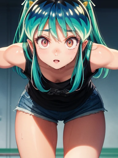 Lum invadeer, big , wet, sweat, Best Quality, Ultra High Definition, Max Resolution, Ultra Detail, Anime, Bottom, A Girl, Very Cute, Medium Hair, Black Hair, Hair Ribbon, Hairpin, Colored Eyes, Short Shorts, Big Ass, Nipples