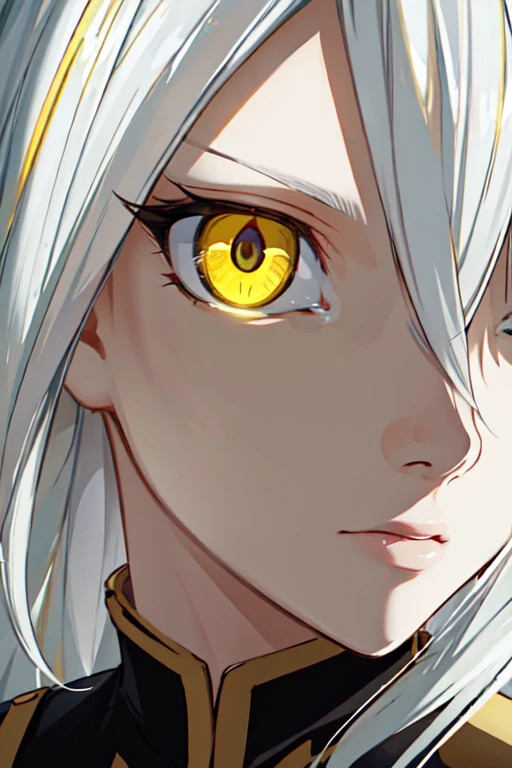 highres, highest quallity, illustration, cinematic light, ultra detailed, detailed face, (detailed eyes), best quality, hyper detailed, masterpiece, (detailed face), Grace Tyler, white hair, yellow eyes, highest details, luminous eyes, backlighting, light rays, (high contrast), (colorful),