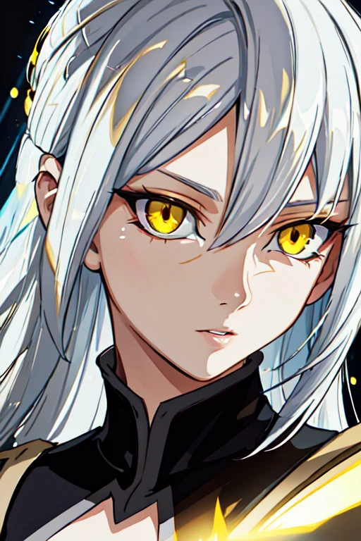 highres, highest quallity, illustration, cinematic light, ultra detailed, detailed face, (detailed eyes), best quality, hyper detailed, masterpiece, (detailed face), Grace Tyler, white hair, yellow eyes, highest details, luminous eyes, backlighting, light rays, (high contrast), (colorful),