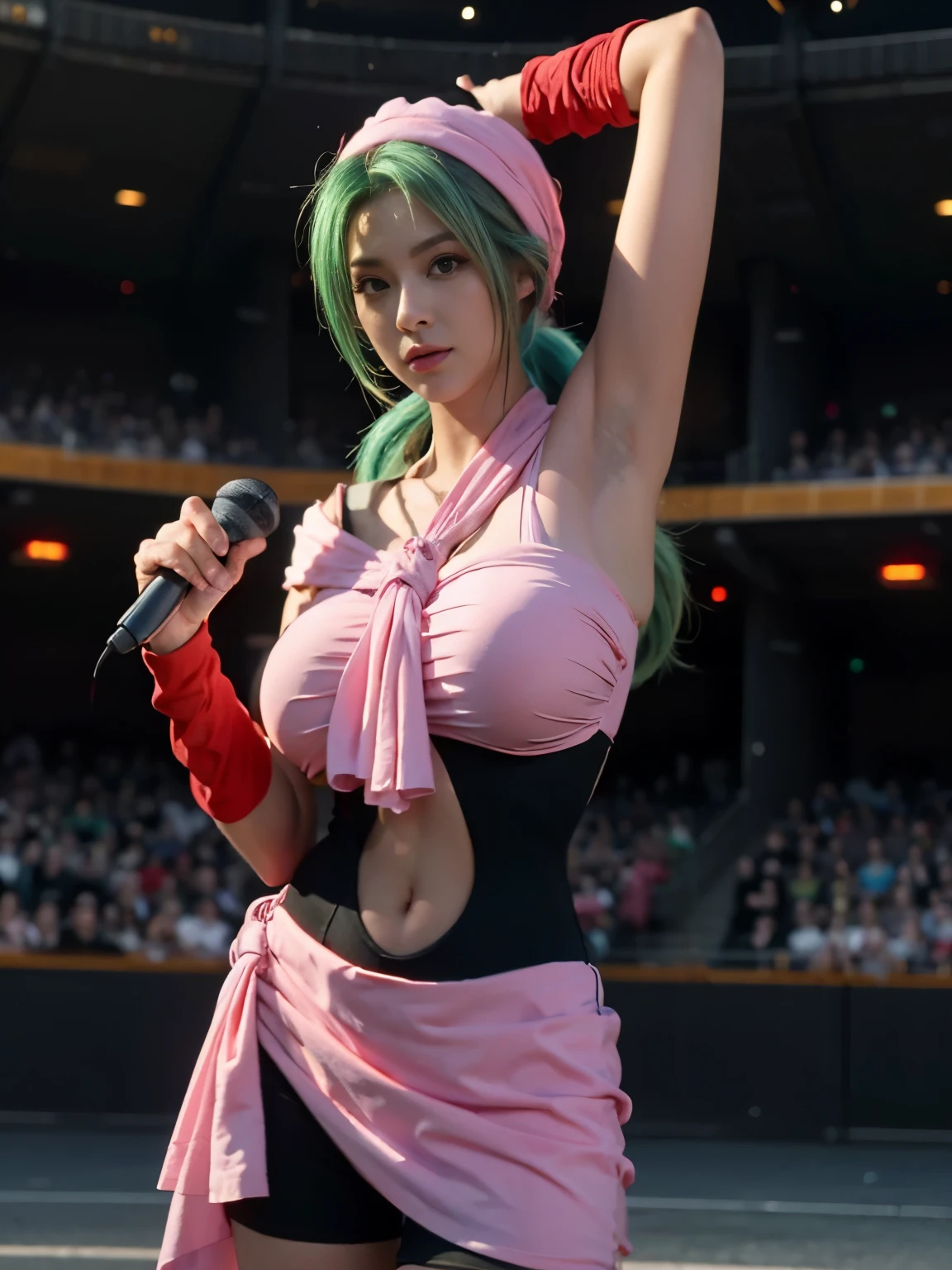 (masterpiece:1.2, Best Quality:1.2, 32k HDR, high resolution), professional lighting, cinematic lighting, Ultra-realistic portrait of Juli_Yu Yu Hakusho, 1girl in, (Green hair, Ponytail, Pink bandana:1.1, red arm warmers, bodysuit, clothing cutout, bike shorts, sarong, navel cutout leg warmers, Fish ears:1.3, Fish tail:1.3, long tail), (Extremely ultra huge breasts, Extremely ultra huge cleavages, Extremely ultra huge tits, Extremely ultra huge boob), ((put your hands up, Exposed ultra realistic shaved armpits, disclosed ultra realistic shaved underarms)), Detailed face, Detailed skin texture, standing, (hold a microphone), hyper detailed face, hyper detailed eyes, fine eyes, perfect eyes, detailed skin, 