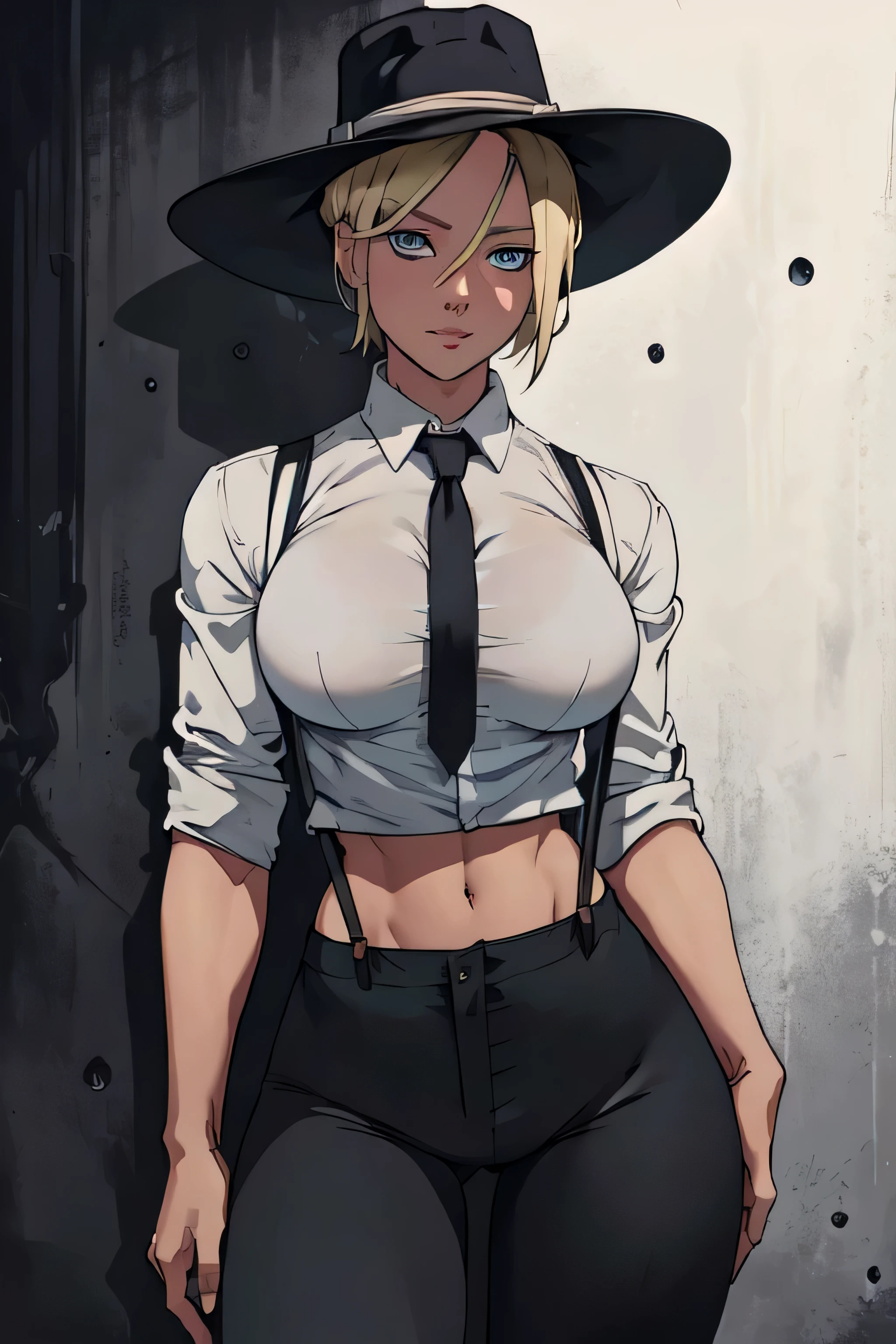 Girl with short blonde hair, blue eyes, wearing a white shirt, breasts, wearing black suspenders defined body, wearing black pants, defined waist, hips, collared shirt, wearing A black hat, wearing a black armband