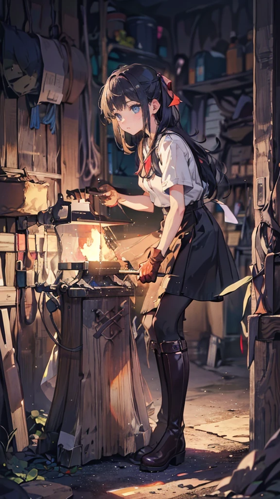 (Blacksmith schoolgirls, teenage girls, Soft lips, Glowing Skin, Braided Hair, Soft Skin:1.25, Hair Ribbon, Concentrated expression,Long gloves:1.25,Swing the hammer high,holding a hammer in hand,Staring at the sword,she:1.25,Put one knee on the ground,squat、Leather long boots),(8k, Best Quality, masterpiece:1.2, masterpieceHighly detailed, Very detailed), Vibrant colors, Line art,Flames Dancing