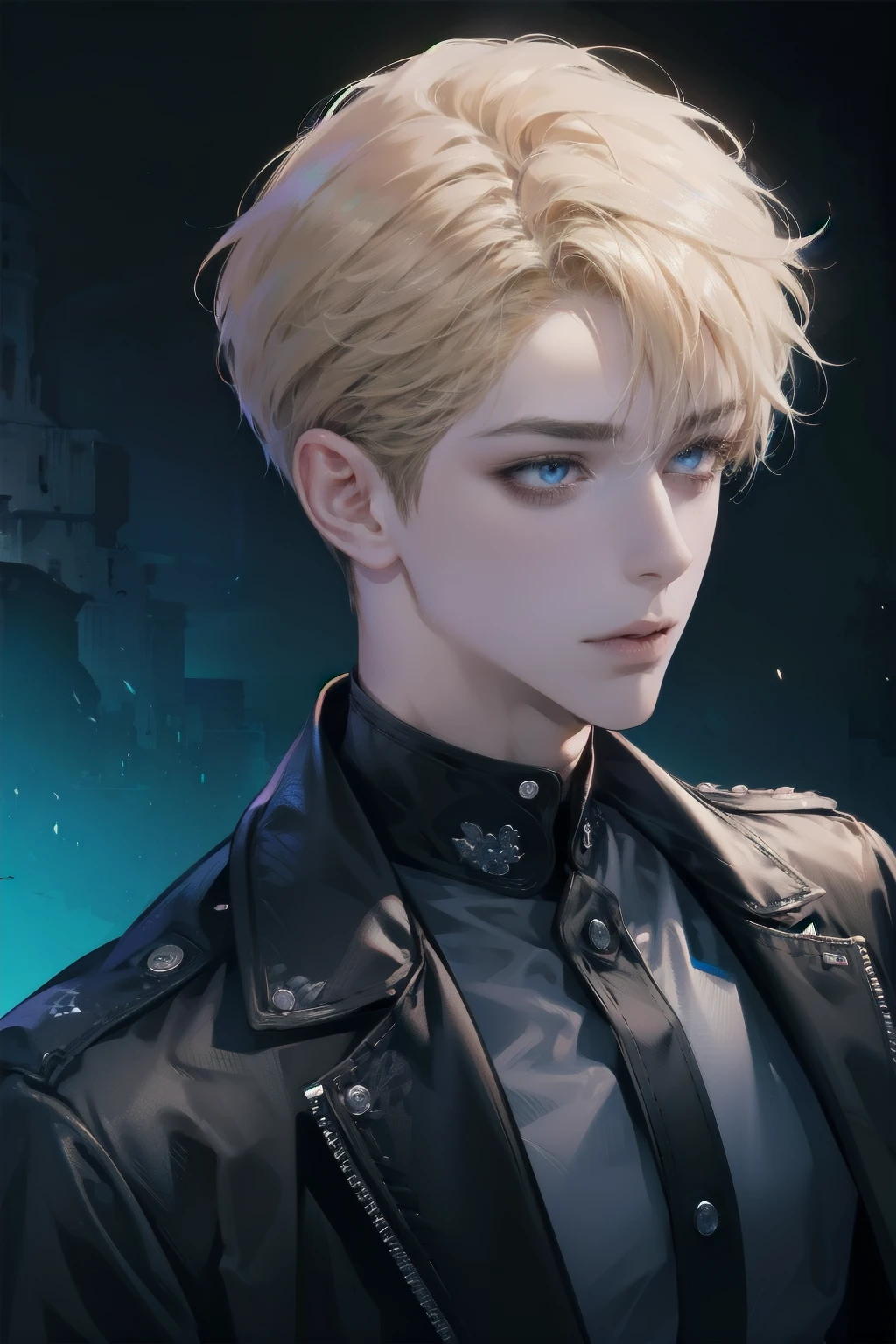 1boy, beautiful detailed eyes, beautiful detailed lips, extremely detailed face, mesmerizing gaze, elegant expression, intricate hairstyle, detailed clothing, dynamic pose, cinematic lighting, cinematic composition, hyper realistic, 8k, high quality, digital art, concept art, dramatic colors, vibrant colors, blond hair, blue eyes, black leather jacket, white t-shirt, ((grunge aesthetic)), (muted background)