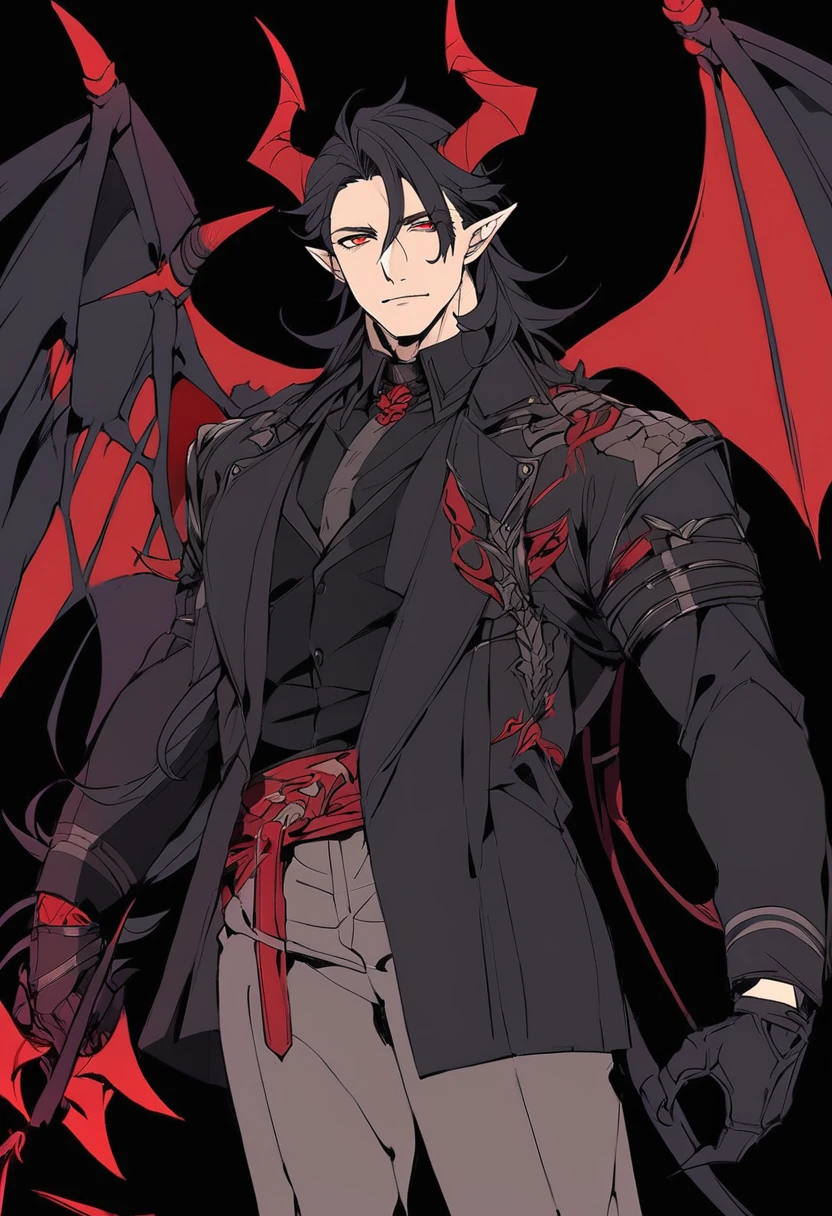 solo, ((waist-length art)), bottom, flat color, dark theme, night, 1 man, (mature man: 1.5), (friendly male face), elf_ear, mole under eye, ((( Long wavy black hair ))), detailed eyes, demonic eyes with pins, (((red eyes))), (masculine: 1.5), black fantasy clothes, demonic wings on the back, demonic tail and horns in black, looks at viewer, adult, male, cowboy shot