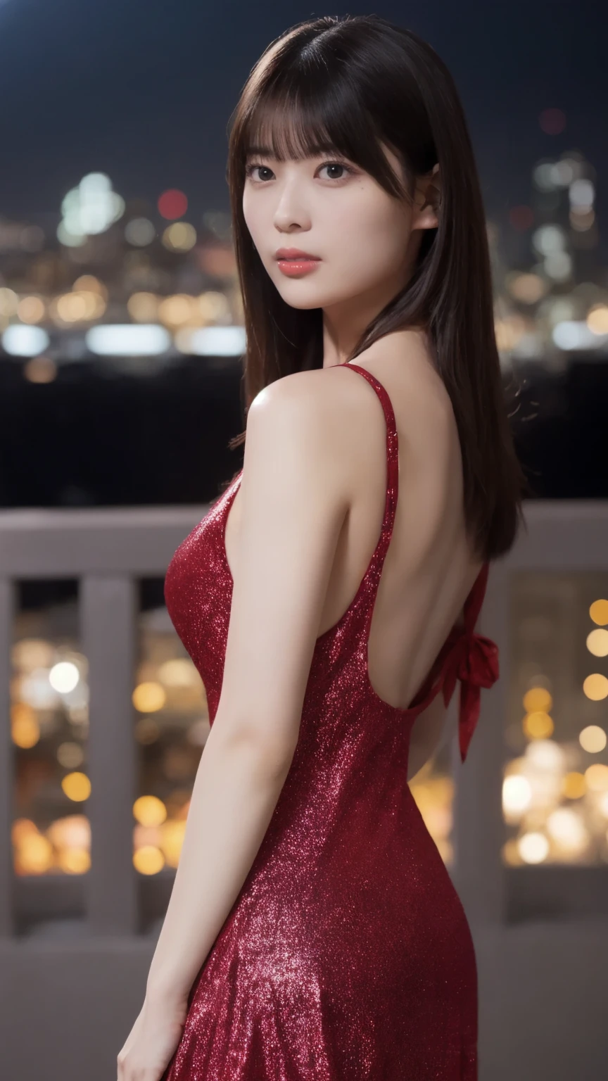 1girl,(wearing a red glittery evening mini dress:1.2),(RAW photo, best quality), (realistic, photo-realistic:1.4), masterpiece, an extremely delicate and beautiful, extremely detailed, 2k wallpaper, Amazing, finely detail, extremely detailed CG unity 8k wallpaper, ultra-detailed, highres, soft light, beautiful detailed girl, extremely detailed eyes and face, beautiful detailed nose, beautiful detailed eyes,cinematic lighting,city lights at night,slender body,(long hair with bangs), big breast, full body:1.4.