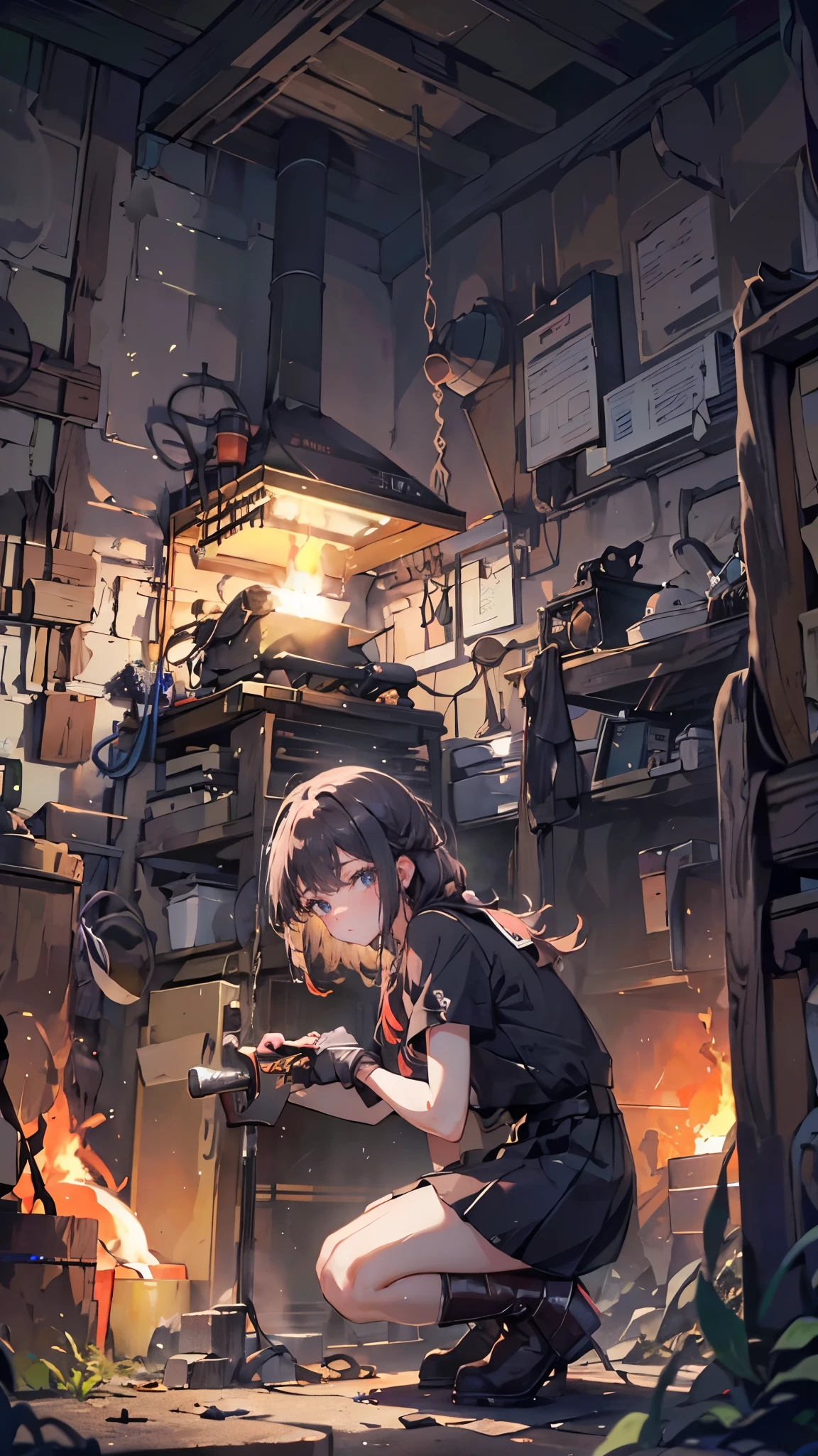 (Blacksmith girls, teenag, Soft lips, Glowing Skin, Braided Hair, Soft Skin:1.25, Hair Ribbon, Concentrated expression,Long gloves:1.25,Swing the hammer high,holding a hammer in hand,Staring at the sword,she:1.25,Put one knee on the ground,squat、Leather long boots),(8k, Best Quality, masterpiece:1.2, masterpieceHighly detailed, Very detailed), Vibrant colors, Line art,Flames Dancing