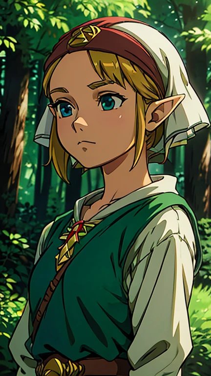 (****s:1girl: young zelda), (extremely detailed CG unit 8k wallpaper),(master part), (best quality), (ultra detail), (best illustration),(ghibli / Background Style ( Ghibli )), cowboy shot, (Sharp eyeliner, ombre, detailed eyes:1), forest, outdoor, ,break , (Ccsclearcardstyle), upper body, 