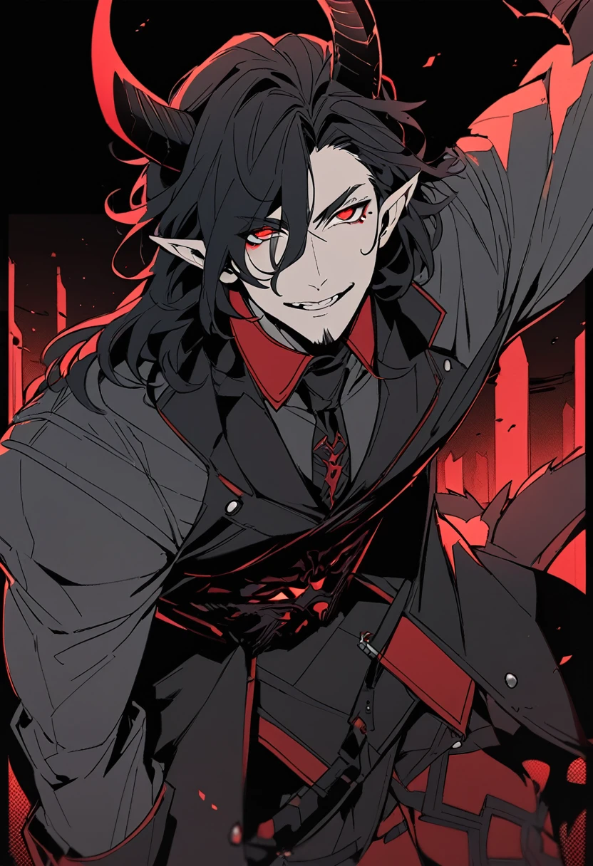 solo, ((waist-length art)), bottom, flat color, dark theme, night, 1 man, (mature man: 1.5), (friendly male face), elf_ear, mole under eye, ((( Long wavy black hair ))), detailed eyes, demonic eyes with pins, (((red eyes))), (masculine: 1.5), black fantasy clothes, demonic wings on the back, demonic tail and horns in black, looks at viewer, adult, male, cowboy shot