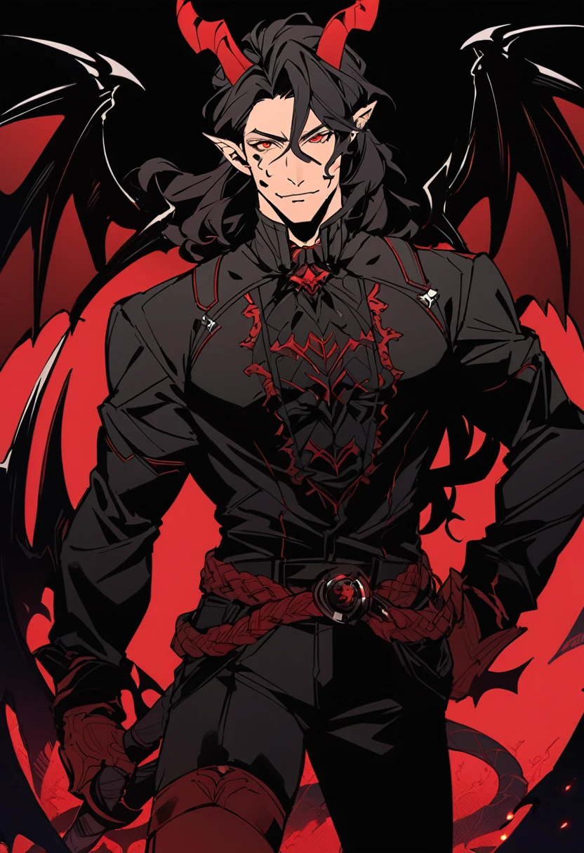 solo, ((waist-length art)), bottom, flat color, dark theme, night, 1 man, (mature man: 1.5), (friendly male face), elf_ear, mole under eye, ((( Long wavy black hair ))), detailed eyes, demonic eyes with pins, (((red eyes))), (masculine: 1.5), black fantasy clothes, demonic wings on the back, demonic tail and horns in black, looks at viewer, adult, male, cowboy shot