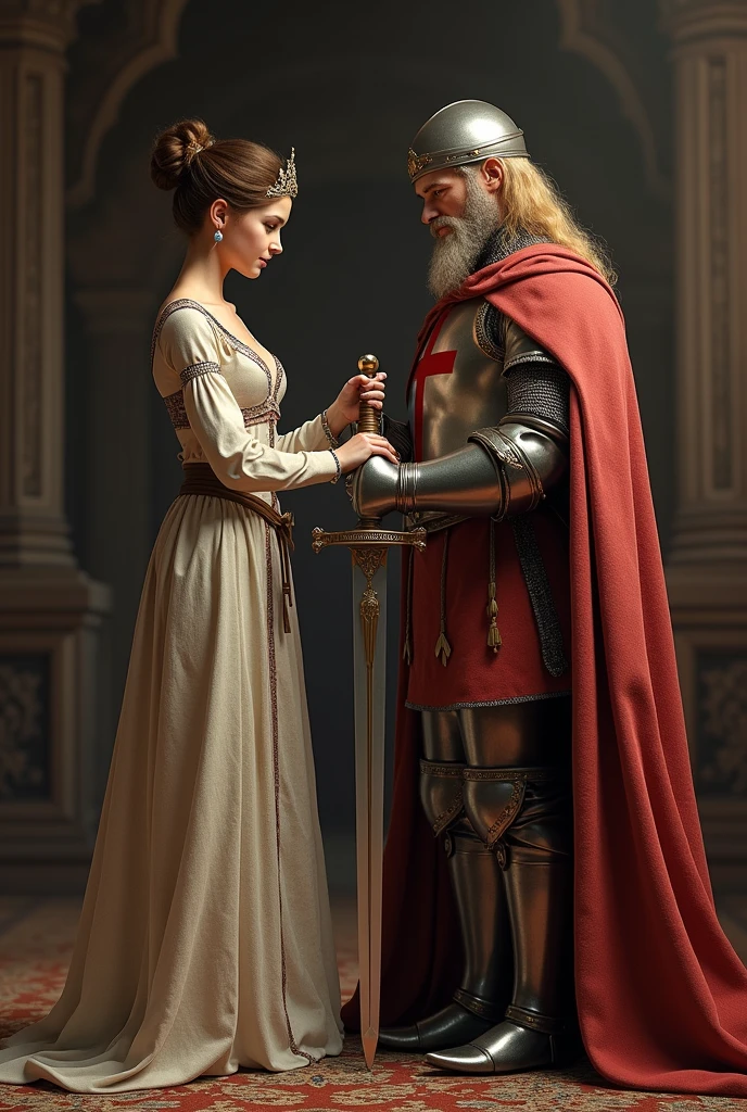 Knighthood ceremony, Acored, (1 woman and 1 man is existence), front view, Full-body, 13 century, English, White girl, England queen, 30 age-old, (blend hair, hair bun, little lip, little smile ) (tiara, earring), (middle breasts, slender whist, middle hip), slender body,(ancient old fashion, courtly romance), hands hold Crusader sword, sword put on knight shoulder, on floor, standing palace in London, (Englishman, 40 age-old, gold hair, middle hair, beard, mustache, Serious),Cover the whole body in armor, The handle is cross-shaped, It is decorated, kneeling , down head, (masterpiece, Highest quality, masterpiece, God-like quality, Godly art, Very realistic),