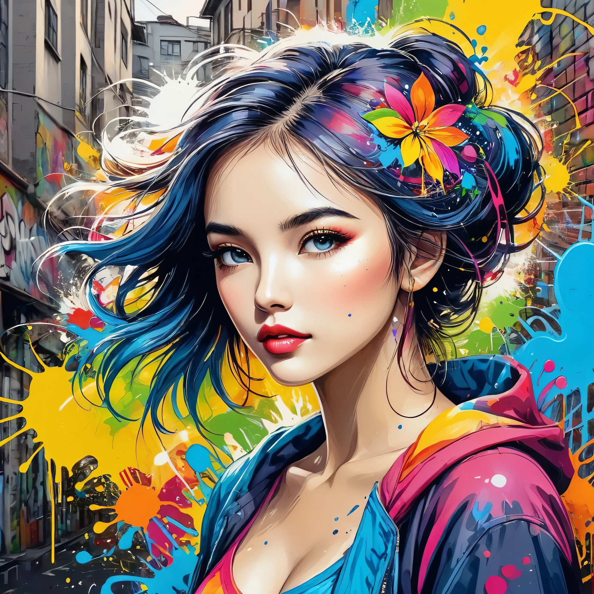 masterpiece, arte splash, rich and colorful, rich and colorful arte splash, to tear down、Paint spread painting, magical, Stylized abstract portrait of a beautiful girl,Street graffiti
