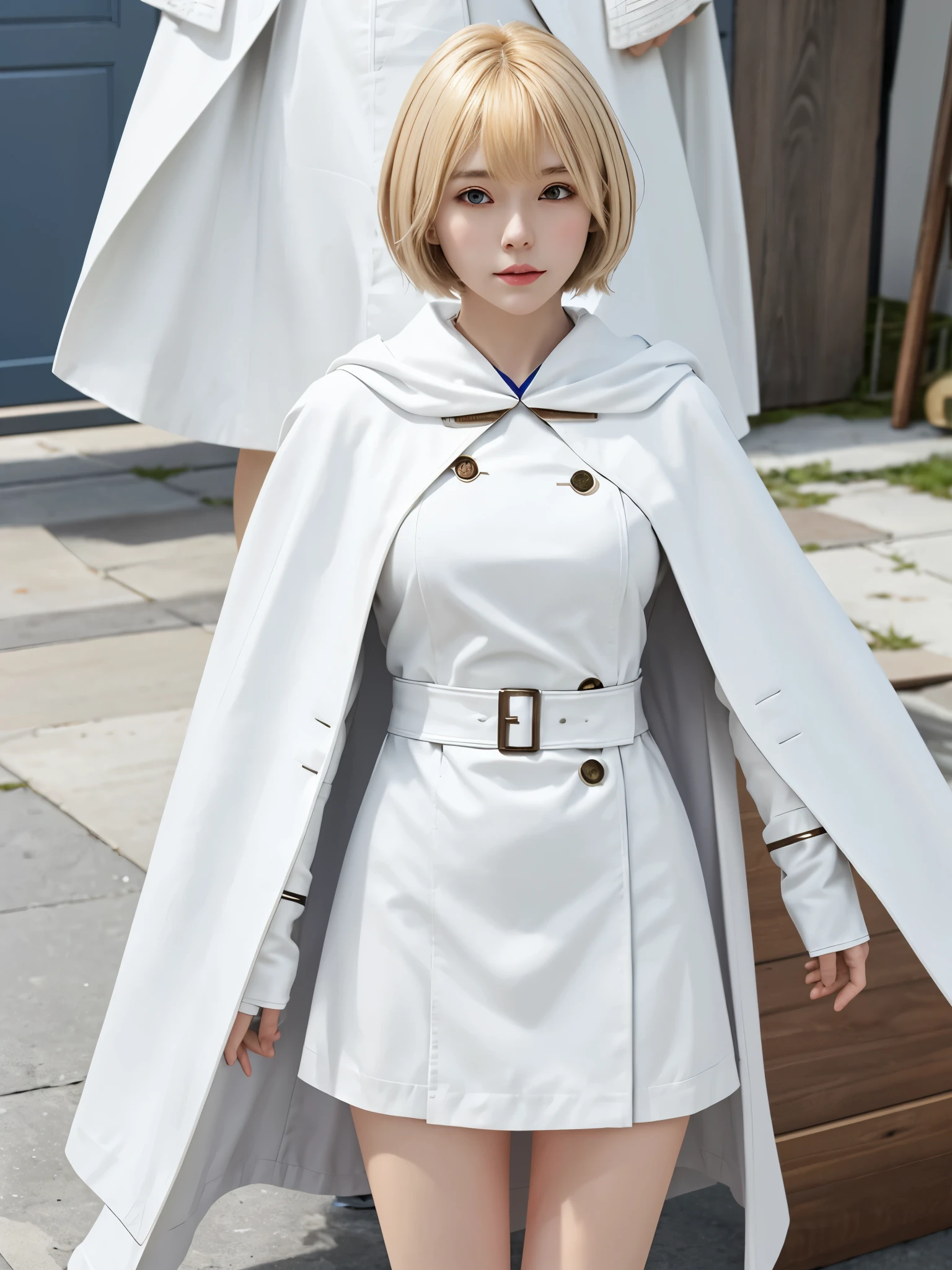 healer girl, blondy short hair, head to leg, front body, white cloth, healer robe, white magician cape, navy color short pants, iron hammer, wooden shield, detailed, high quality, 8k, Ultra detailed, hdr