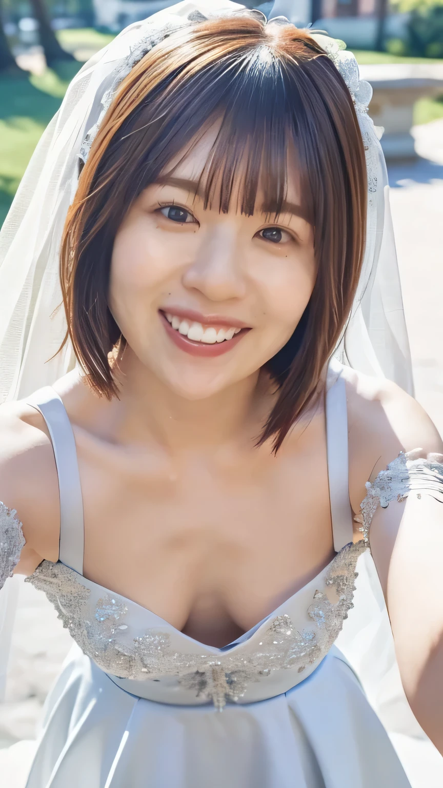 (8k、RAW Photos、Best Quality、masterpiece:1.2)、(Realistic、Realistic)、1 girl、((Off-the-shoulder wedding dresses、Veil、Chapel、Short Bob、View from the front、smile、Looking into the camera 、smile、Leaning forward))、cute、Small breasts、